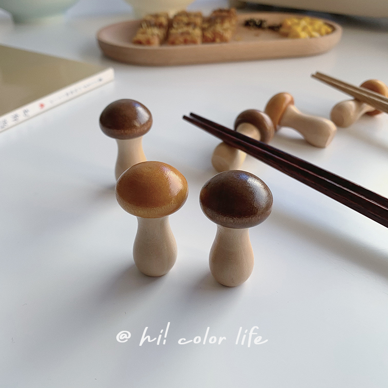 复古风ins 日式筷架筷枕实木榉木筷子托架餐厅家用可爱小蘑菇筷托