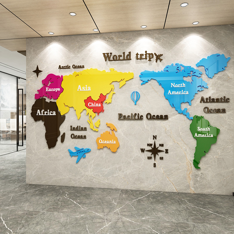 创意世界地图公司文化办公室墙贴纸亚克力3d立体墙贴客厅装饰贴画