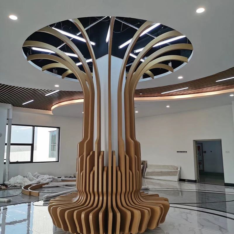 弧形包柱 拉弯铝方管书店大厅艺术造型铝树室内铝方管铝树