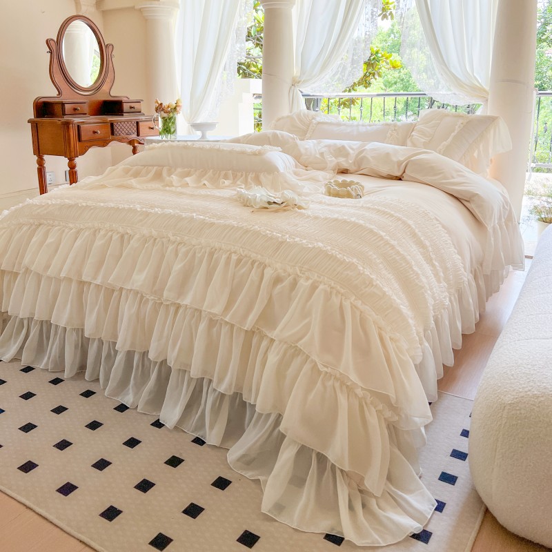 轻奢法式蕾丝边四件套全棉高级感仙女床裙款床上用品纯棉床单被套