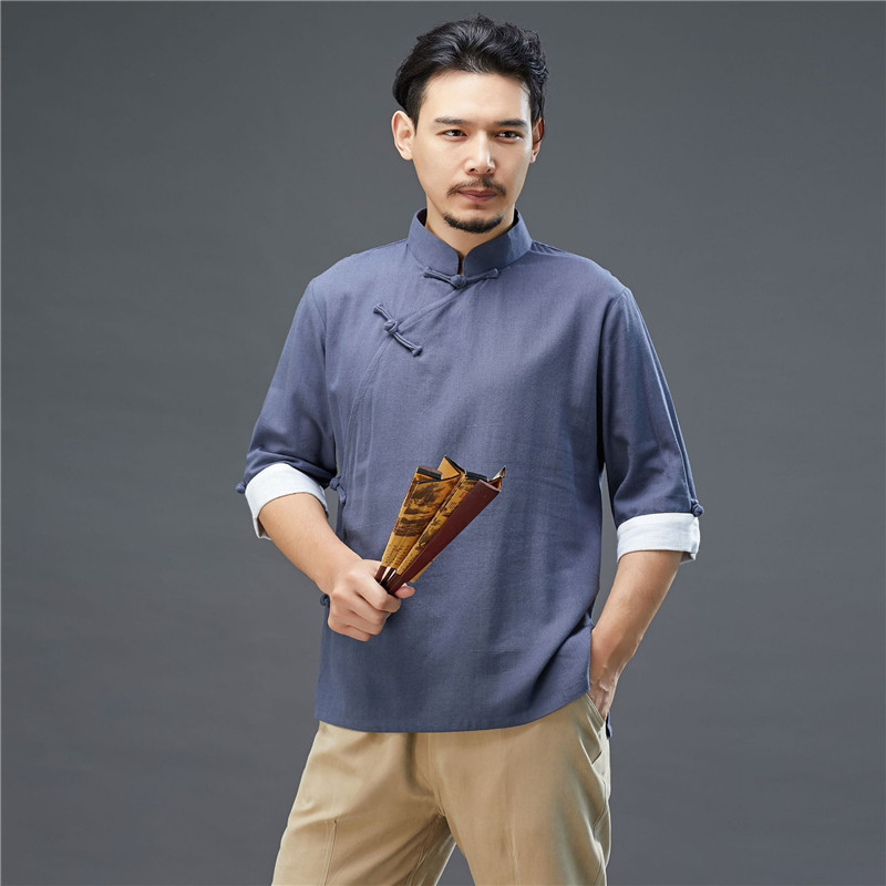 夏季新款中式短袖薄棉麻汉服中国风复古男士改良亚麻盘扣唐装上衣