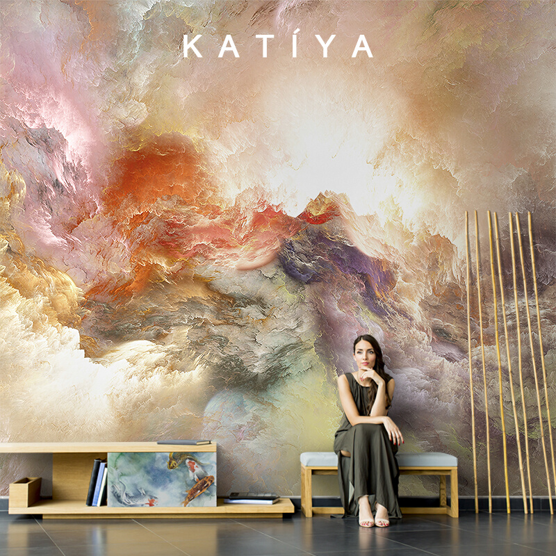 Katiya北欧手绘抽象艺术祥云油画客厅沙发壁纸电视背景墙壁画墙布