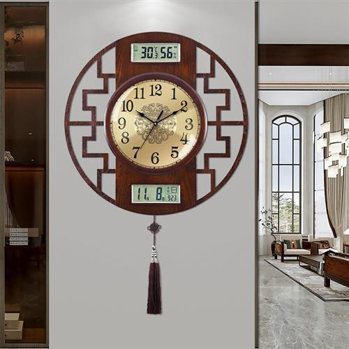 高档智臻 新中式客厅实木挂钟双显示屏钟表万年历时钟古典中国风