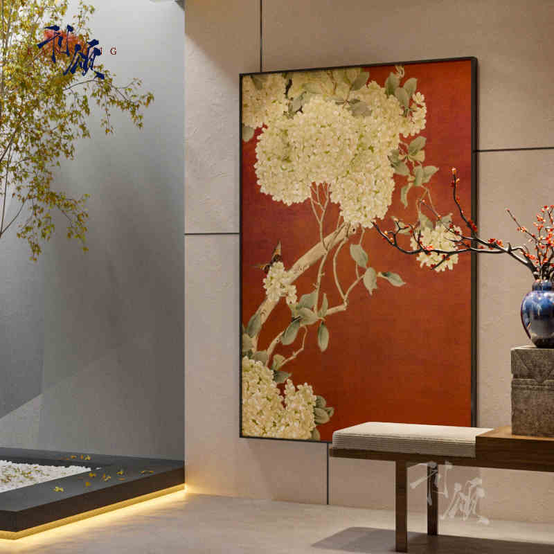 新中式客厅装饰画中国风花鸟绣球花红色玄关沙发背景墙壁画挂画