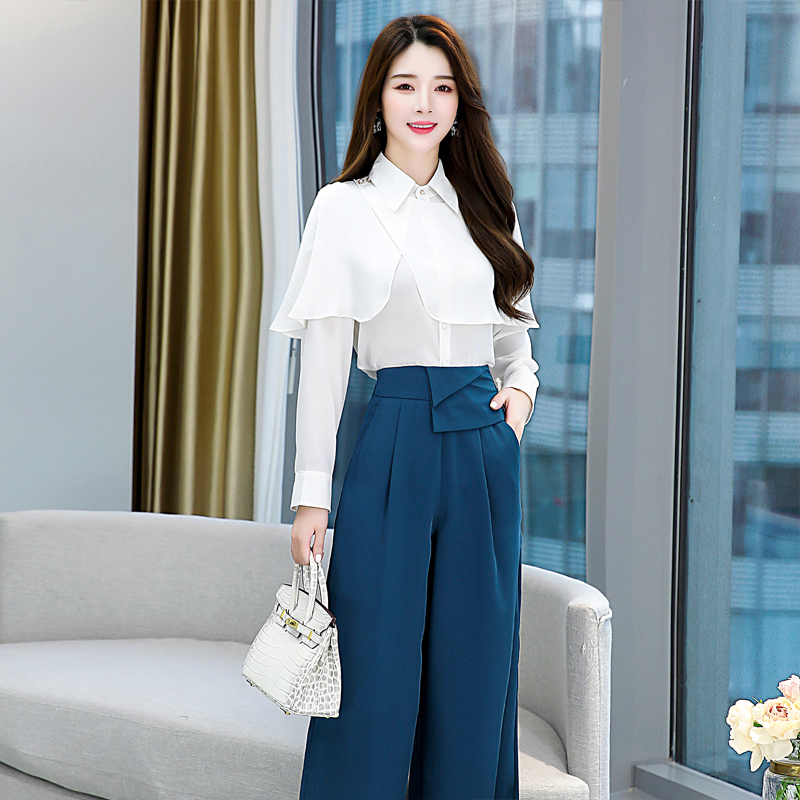 2022春新款韩版洋气显瘦女职业通勤套装长袖衬衫阔腿裤时髦两件套