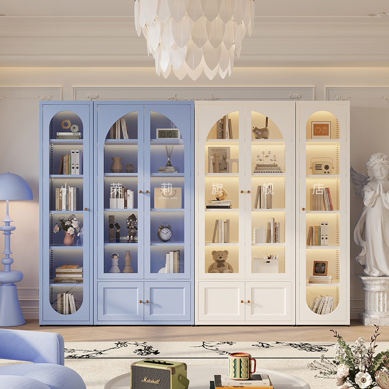 法式玻璃门书柜奶油风铁艺置物柜储物柜家用书架客厅展示柜收纳柜