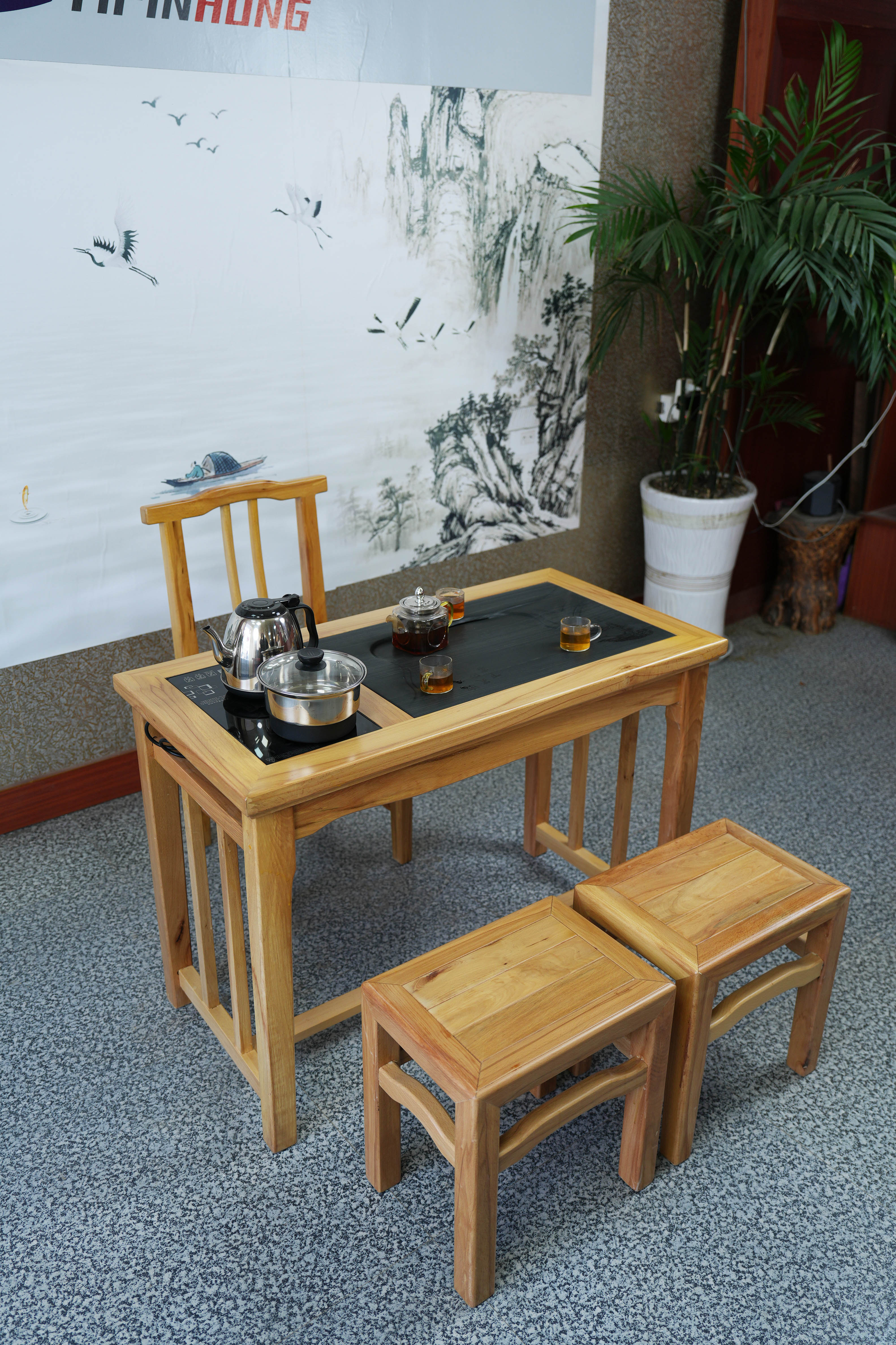 新品榉木实木家用阳台茶桌椅组合泡茶功夫小茶几家用烧水泡茶一体
