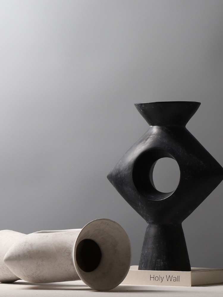 现代几何创意艺术干花陶瓷花瓶样板房插花花器家居装饰品摆件扁瓶