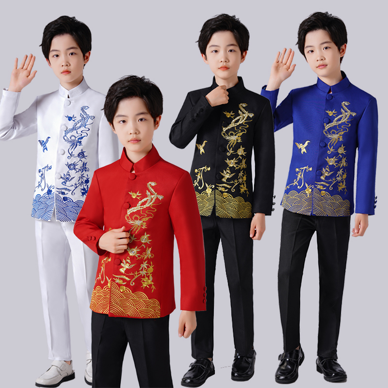 绣花五四儿童中山装演出服男中国风六一朗诵合唱年会运动主持童装