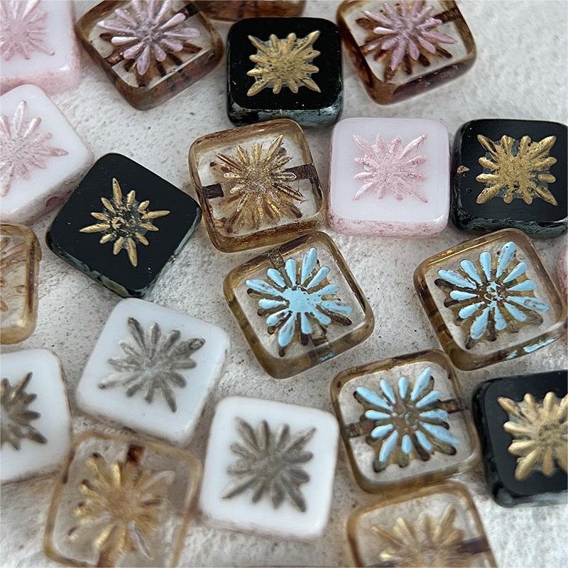 捷克珠方块棕榈纹奇异果纹珠1个DIY手工饰品配件材料美劳用品