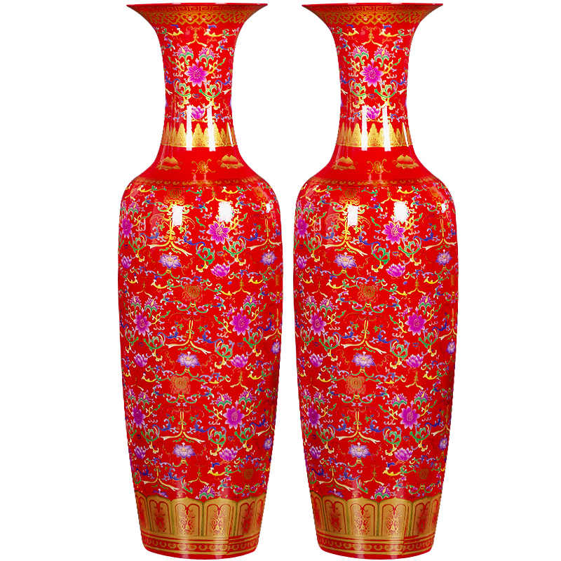 景德镇陶瓷器中国红色落地大花瓶欧式客厅装饰摆件清仓特大号开业