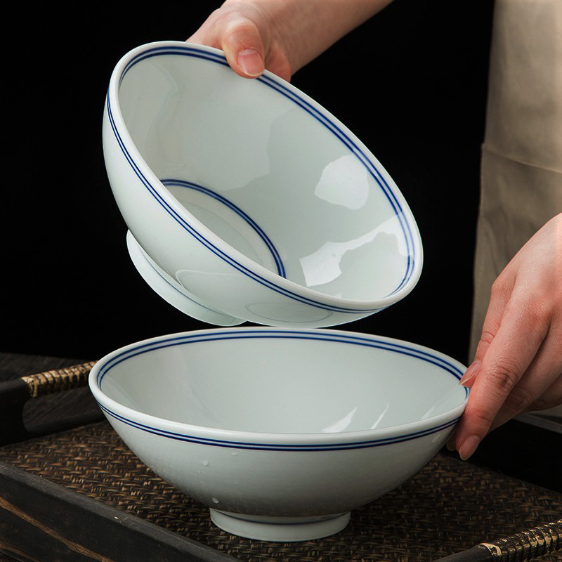 简约景德镇制家用蓝边碗双线面碗汤碗高脚防烫菜碗商用加字面条碗