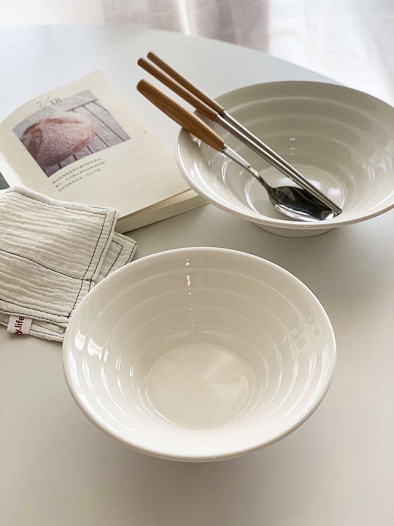 安木良品 ins日式简约横纹纯白陶瓷喇叭碗拉面汤碗沙拉大号饭碗