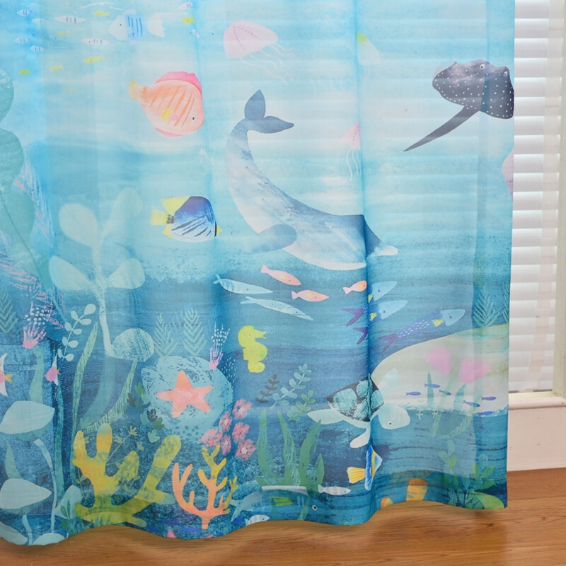 儿童房卧室飘窗蓝色海洋动物卡通动漫印花窗纱窗帘免打孔定制