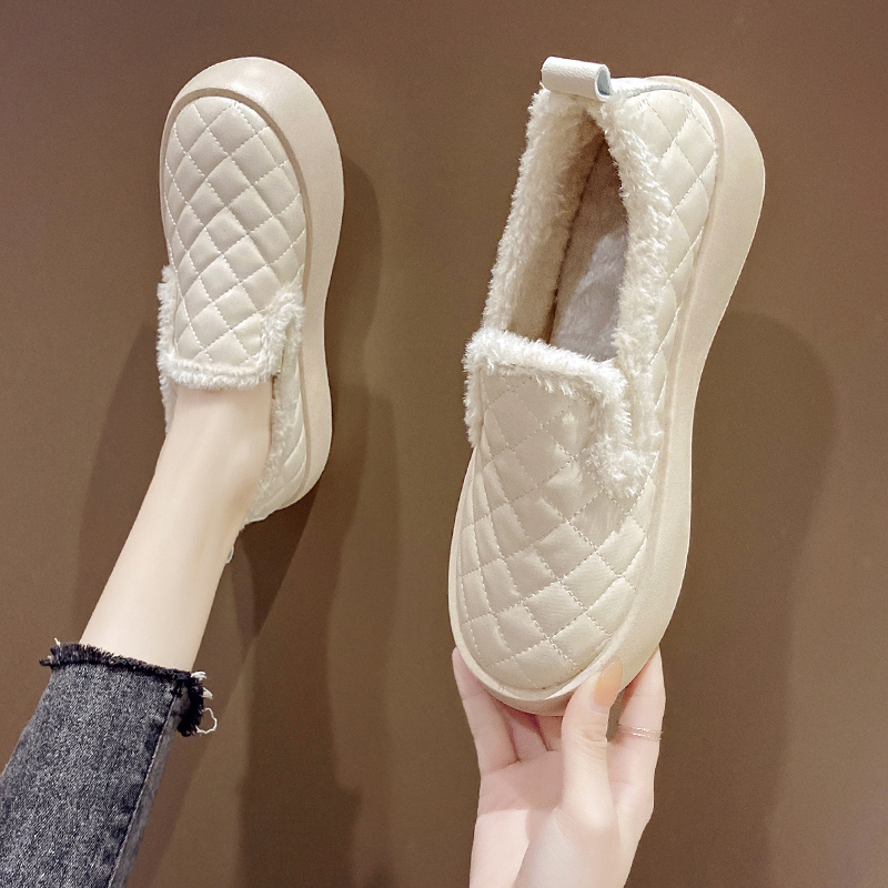 新款老北京棉鞋女冬季加绒保暖一脚蹬皮面孕妇二棉鞋防水防滑豆豆
