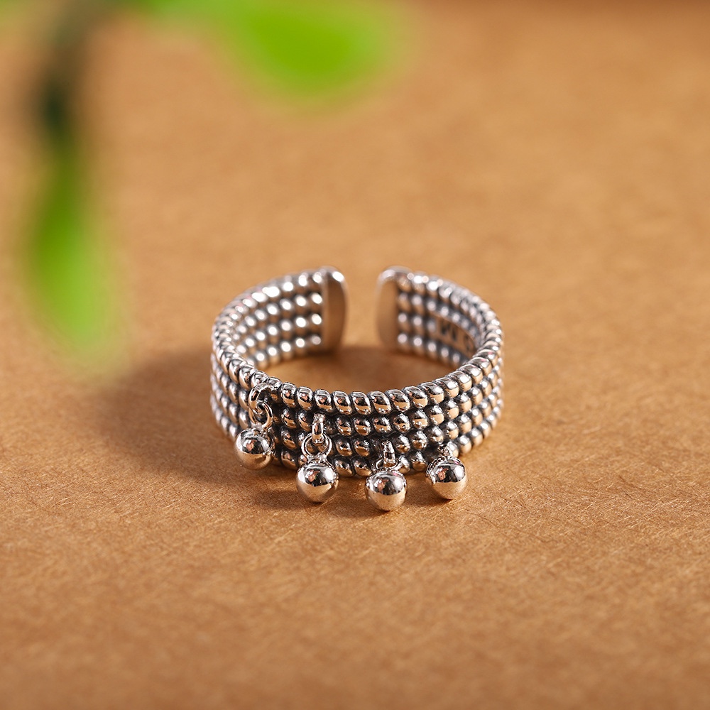 瑞泰银饰 s925纯银雕刻编织麻花圆珠戒指时尚复古开口戒指女式