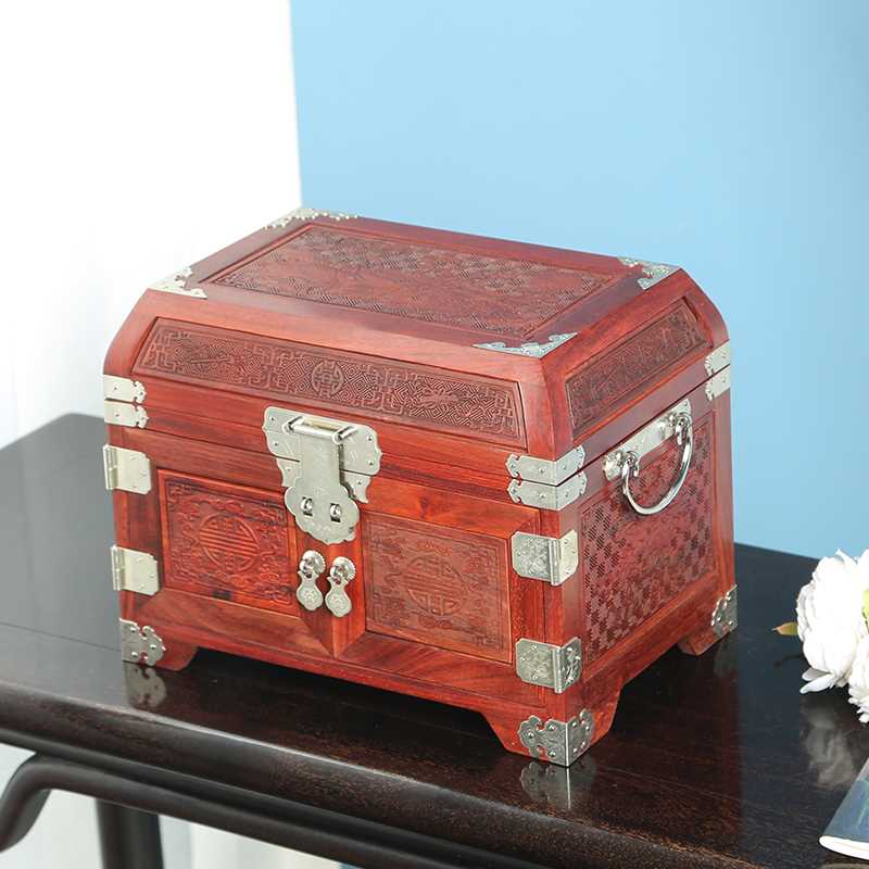 新款大红酸枝嫦娥奔月首饰盒红木复古中国风实木镜箱带锁木质珠宝