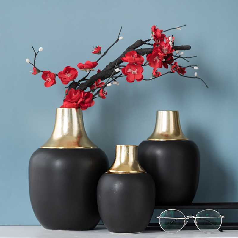 速发新简约现代轻奢黑金陶瓷花瓶摆件家居客厅餐桌样板房插花艺术