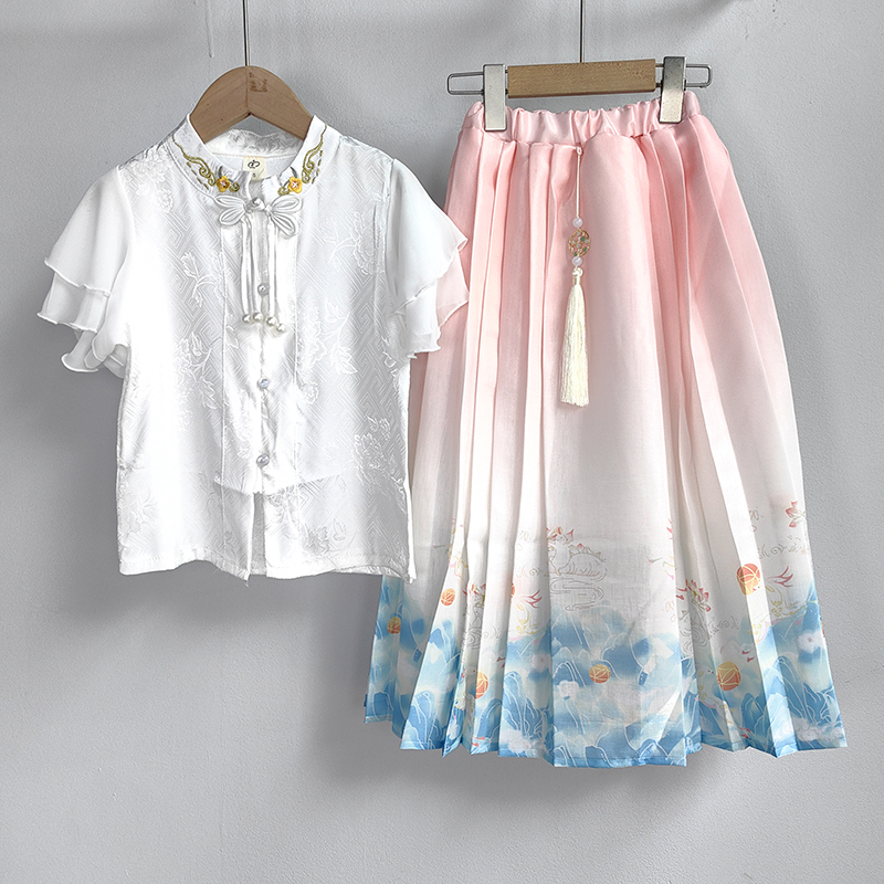 110-150 女童中国风套装夏季小女孩洋气小衫半身长裙两件套马甲裙