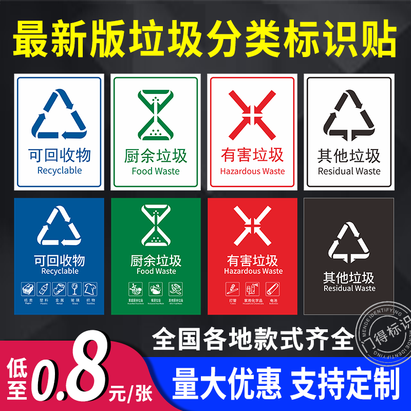 国标生活垃圾分类标识贴纸有害易腐厨余干湿其他回收标签北京成都