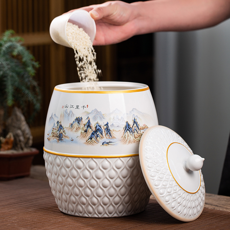 包邮陶瓷米缸带盖10斤厨房收纳大米面粉景德镇米桶家用防潮虫密封