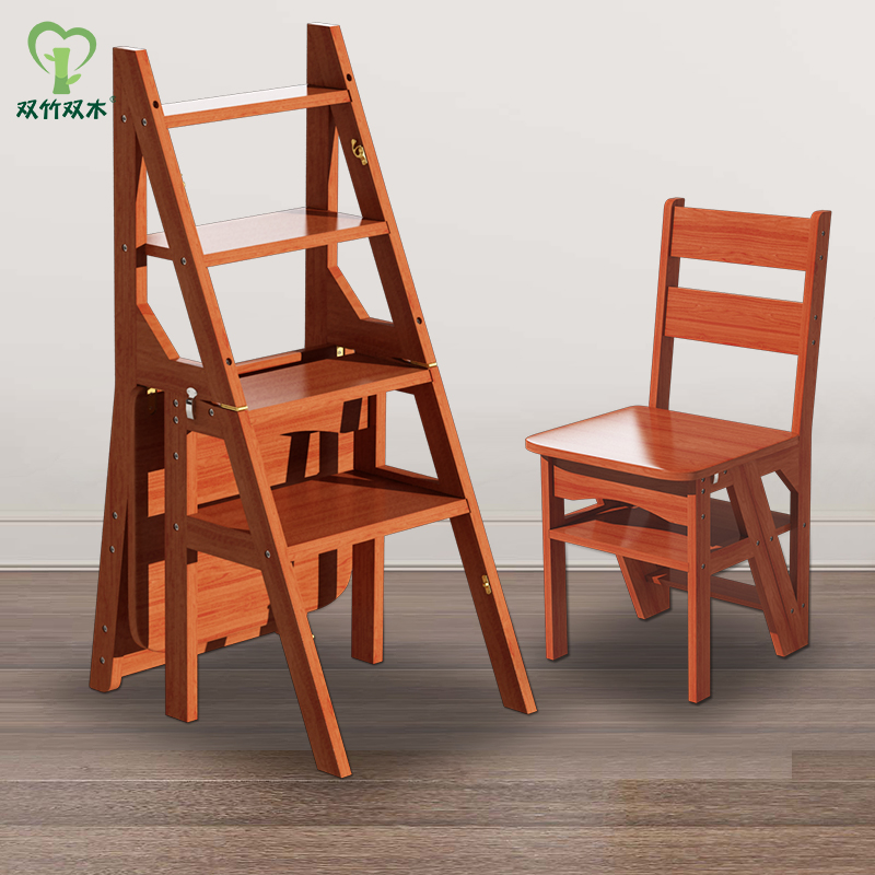多功能楼梯椅家用梯子凳两用折叠登高凳四层靠背椅子实木四步梯凳