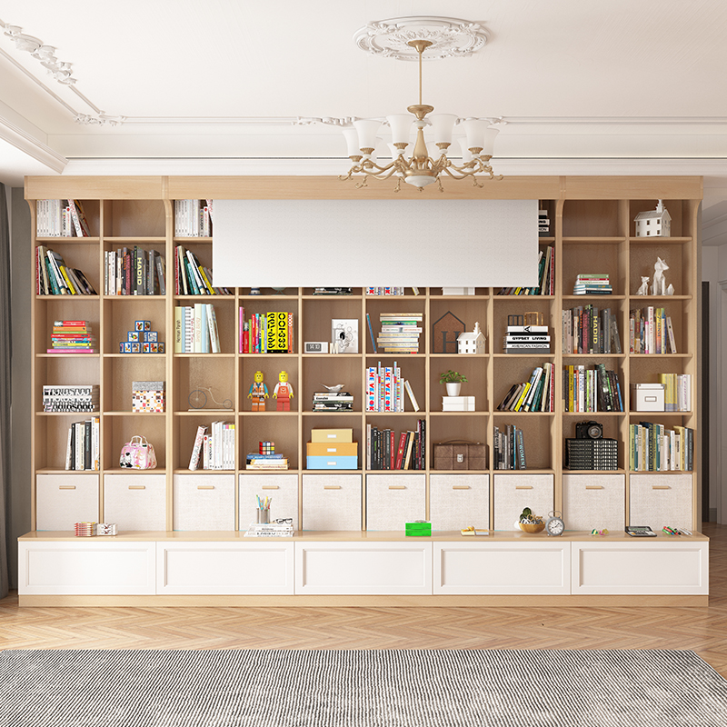 书柜定制整墙一体靠墙图书馆满墙客厅背景儿童格子架储物柜大容量