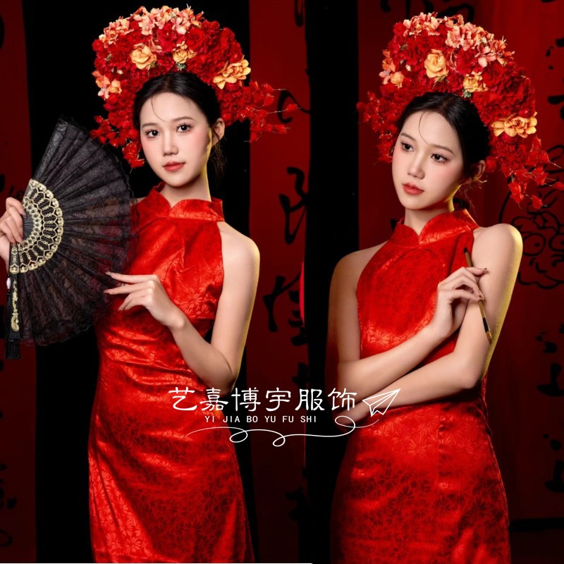 簪花服装中国风旗袍红色个人写真福建浔埔影楼拍照衣服旅拍摄影服
