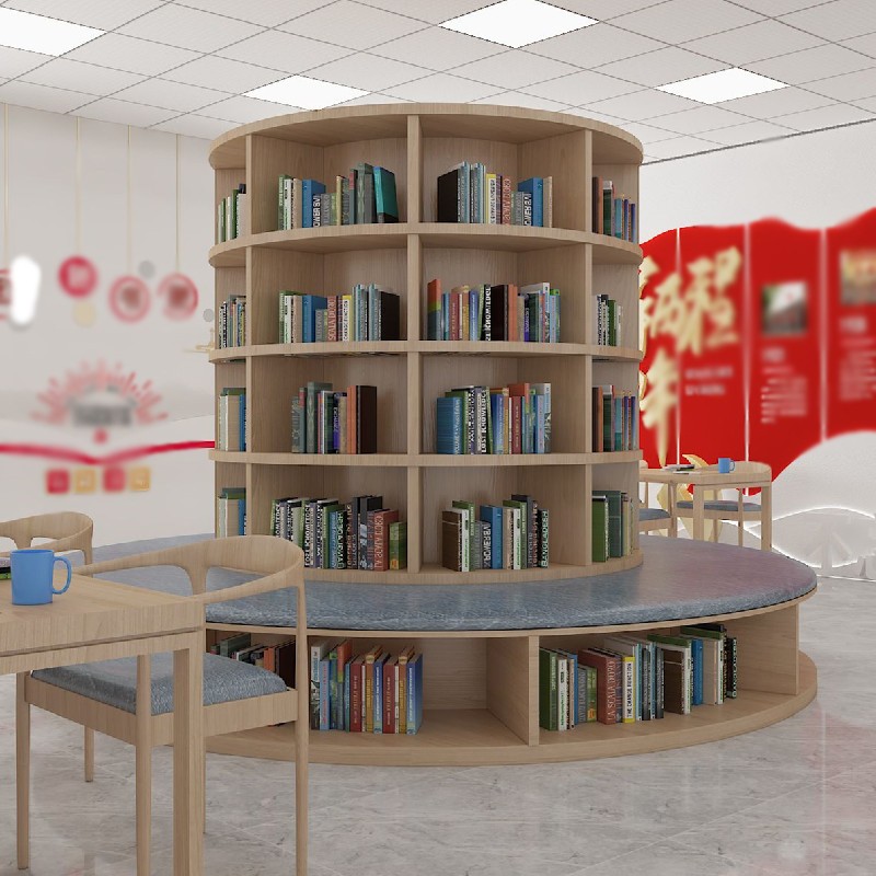 创意圆形书架包柱子落地大型多功能一体坐凳书柜大厅图书馆绘本架