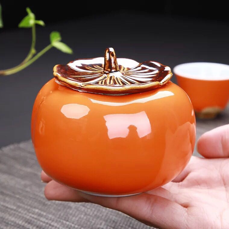 领悟陶瓷茶叶罐柿子小号密封罐防潮紫砂普洱罐家用红绿茶叶缸储罐