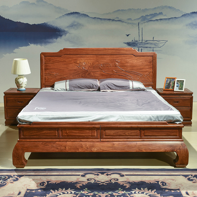 直销晖腾红木床刺猬紫檀大床双人床花梨木床1.8米婚床荷花新中式