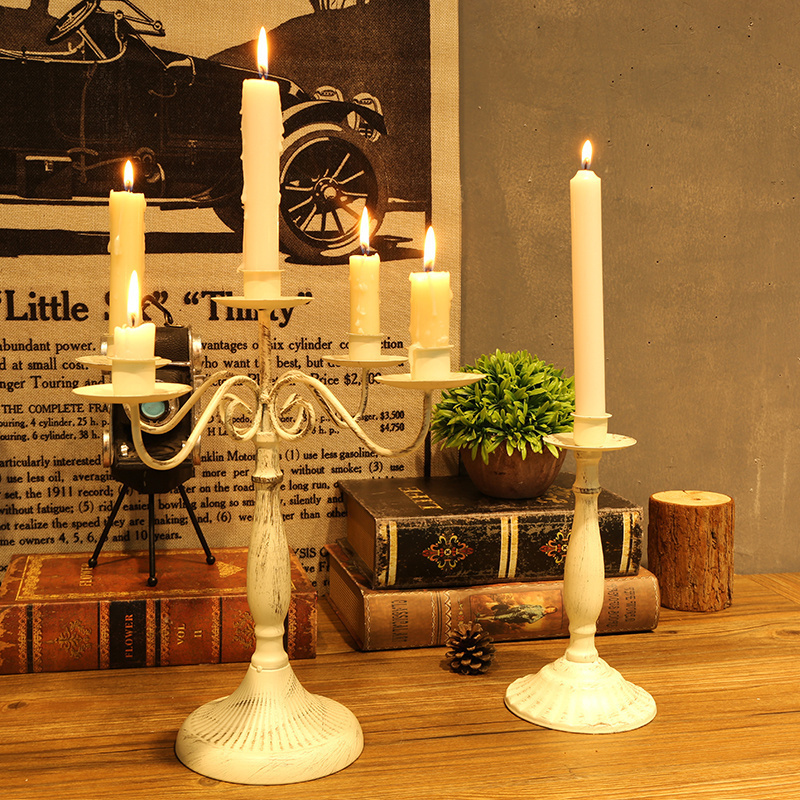 欧式复古铁艺中古高级感白色烛台摆件家用法式烛光晚餐浪漫蜡烛