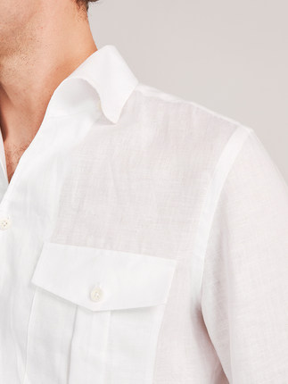 【100%亚麻】22春夏新品意式一片领薄款白色男士长袖衬衫高级衬衣