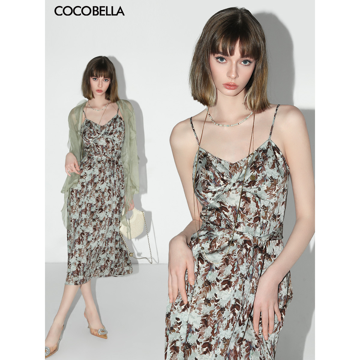 COCOBELLA艺术感拧花吊带裙女度假风高腰系带印花气质连衣裙FR527