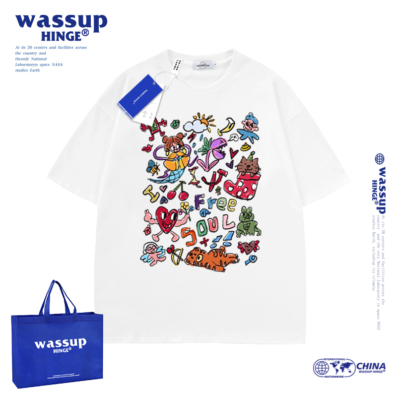 WASSUP HINGE卡通动漫设计感短袖T恤美式潮牌纯棉宽松半袖体恤男