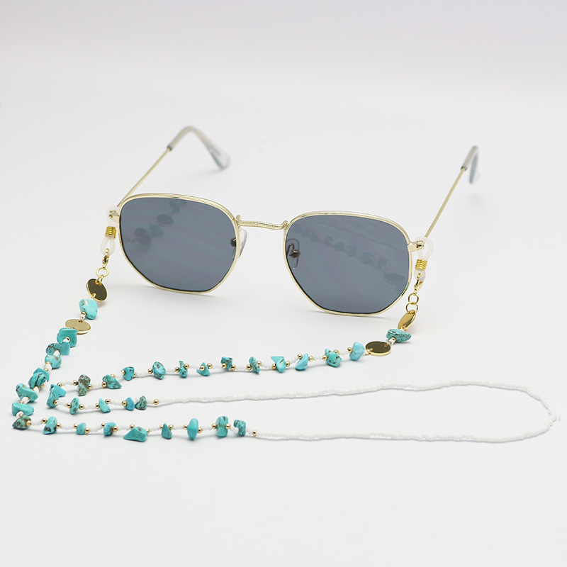 欧美跨境时尚简约百搭流行米珠气质蓝色碎松石挂脖眼镜链 18K金