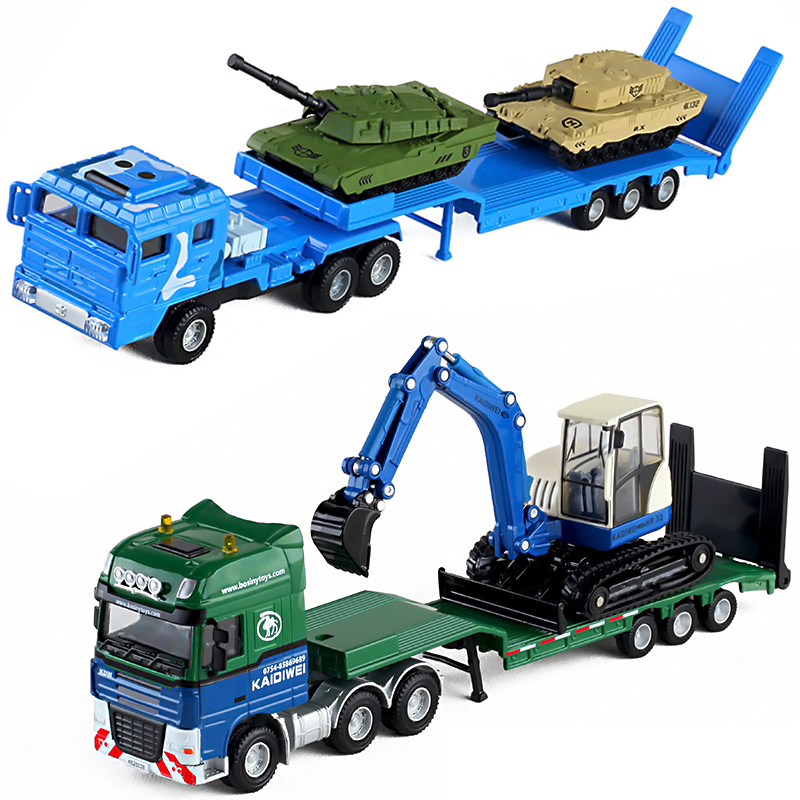 1:50平板拖车载挖土挖掘机军事坦克儿童仿真合金工程汽车模型玩具