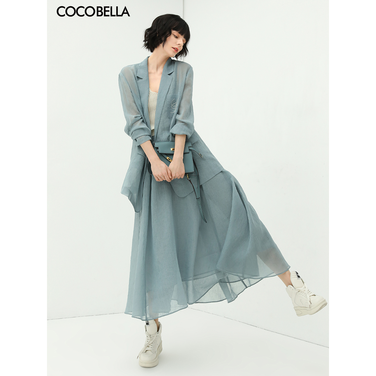 COCOBELLA新中式肌理褶皱多层次大摆半身裙轻薄西装套装HS99