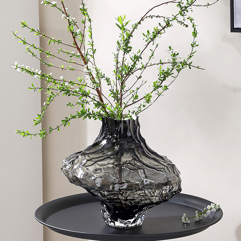 现代简约高级艺术感不规则玻璃花瓶透明灰色样板间桌面装饰品摆件