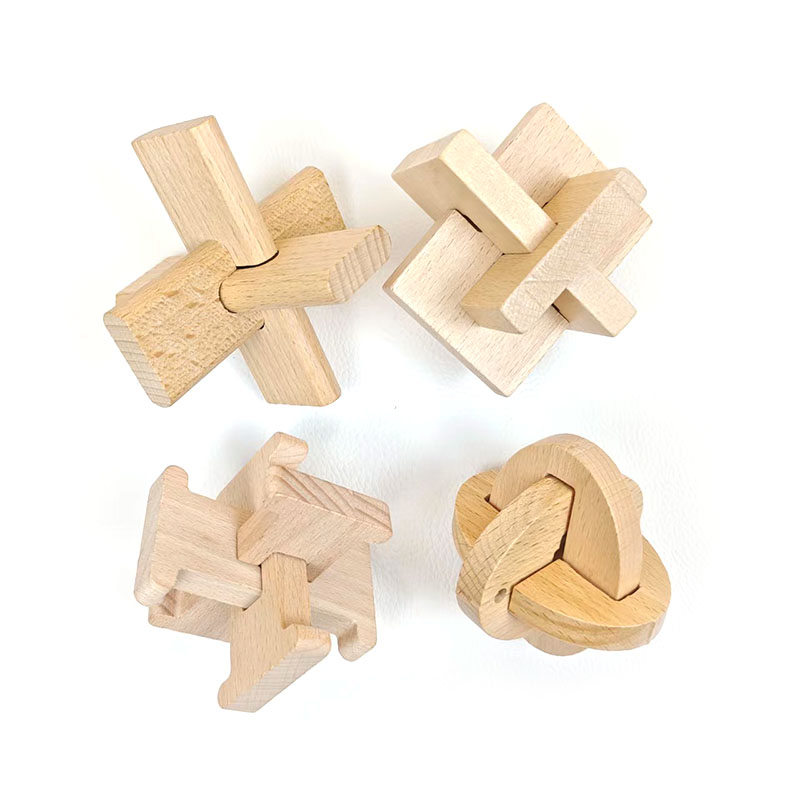 鲁班锁孔明锁系列古典益智力儿童玩具榉木三通三根锁解锁学习教具