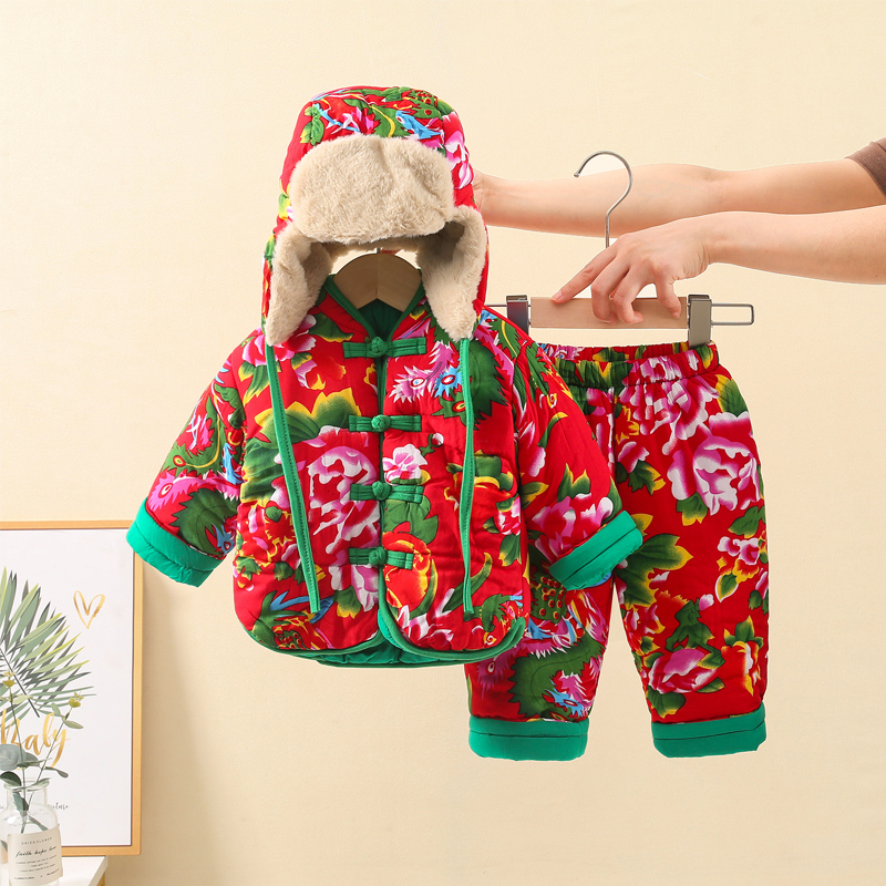 男童拜年服儿童冬季棉袄加厚女童棉衣宝宝冬装套装东北大花袄外套