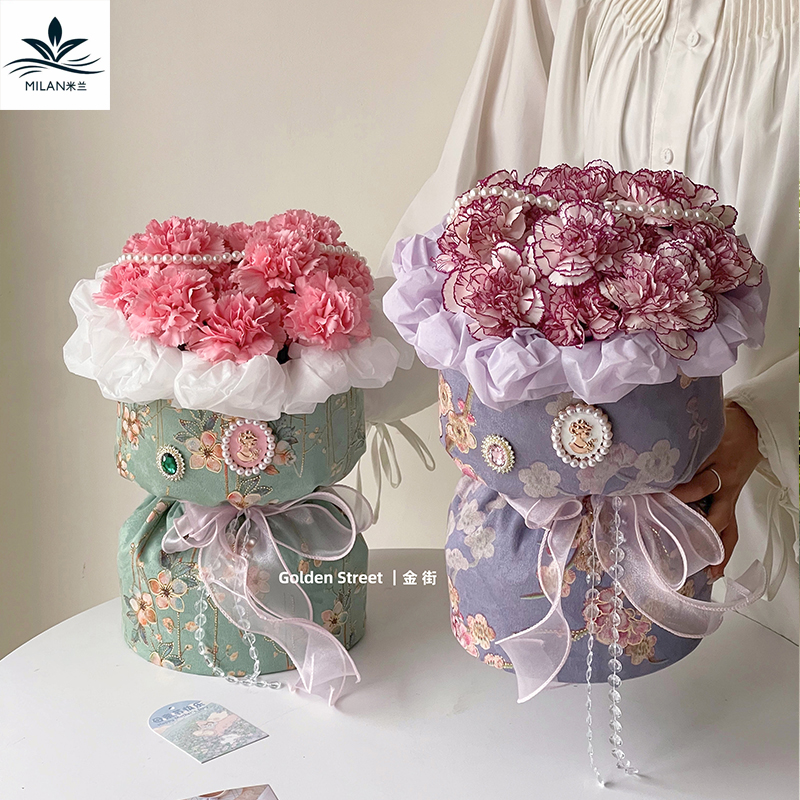 母亲节新中式旗袍花开富贵包花布 小香风圆形花束鲜花包装纸材料