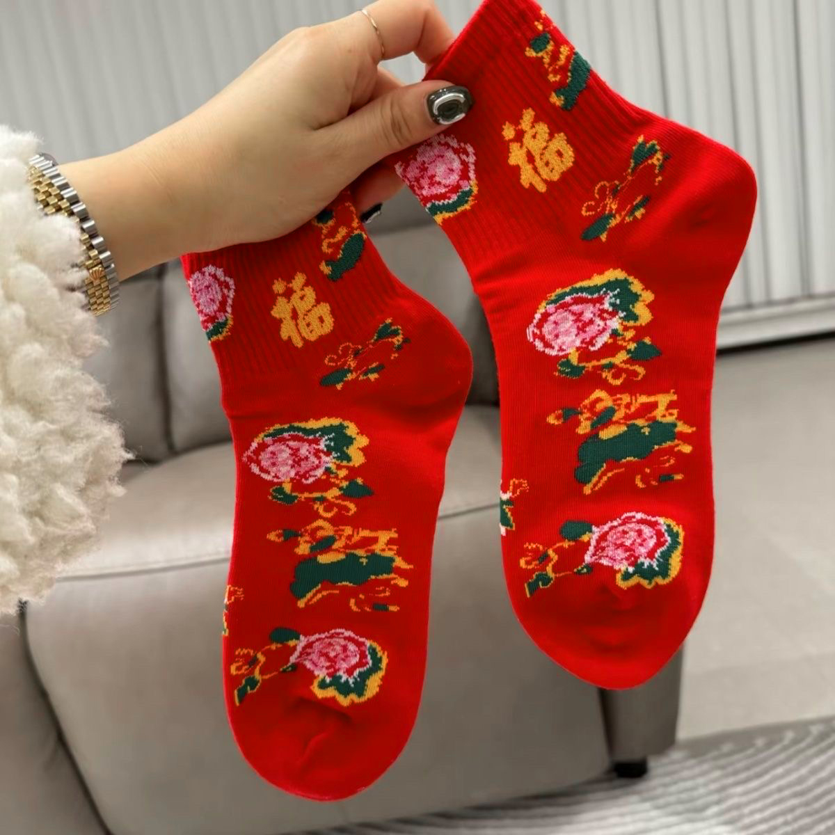 新年大花红袜子秋冬季东北过年袜喜庆个性中国男女同款百搭中筒袜