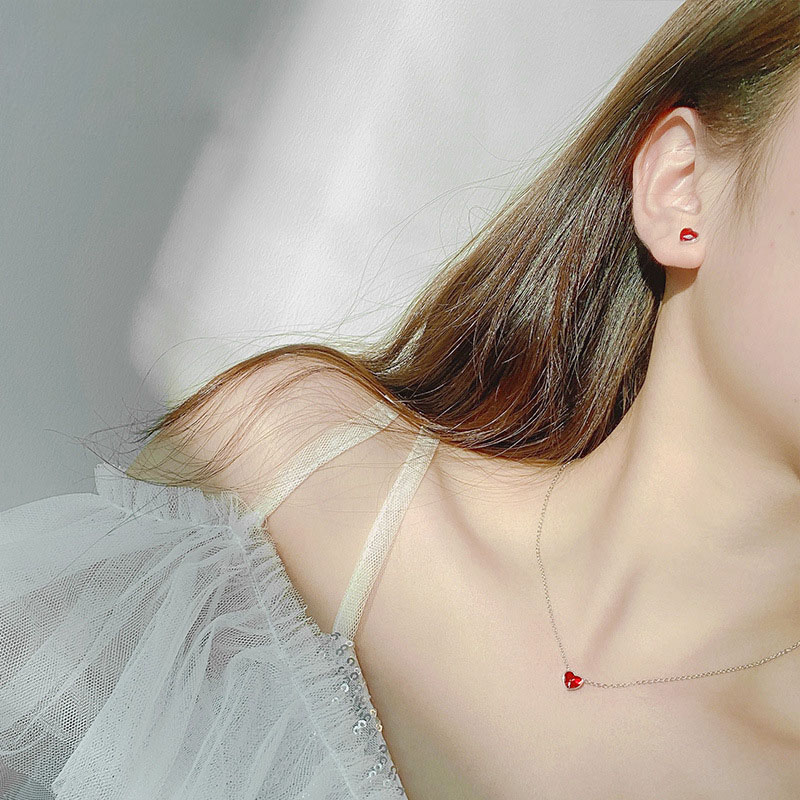 S925银小红心形套装女水晶玫瑰金色项链耳环双色七夕情人节送礼品