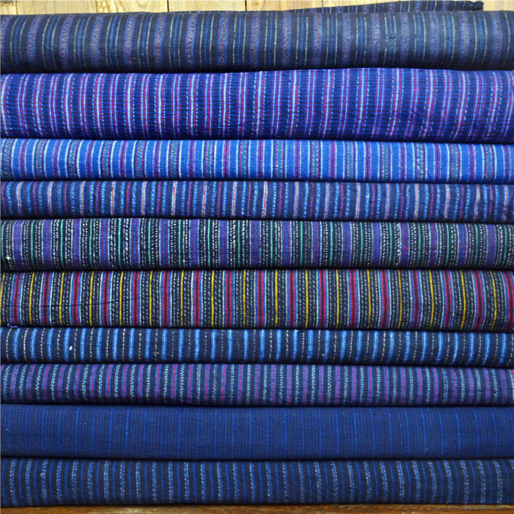 老上海民间传家宝之全棉手工窄幅深蓝条纹粗布茶席刺子绣DIY材料