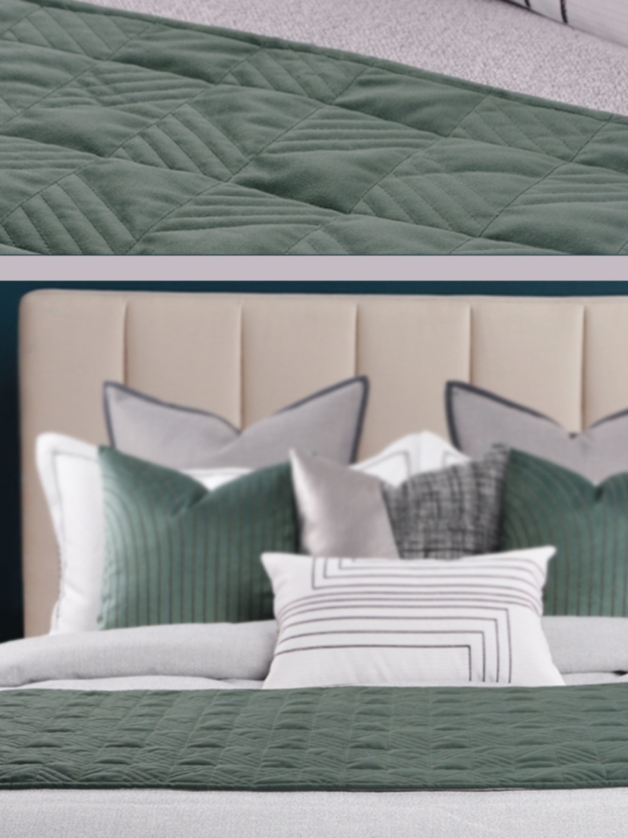 绿色夹棉绒布床盖轻奢欧式绗缝图案样板间床尾巾床尾毯搭毯可水洗