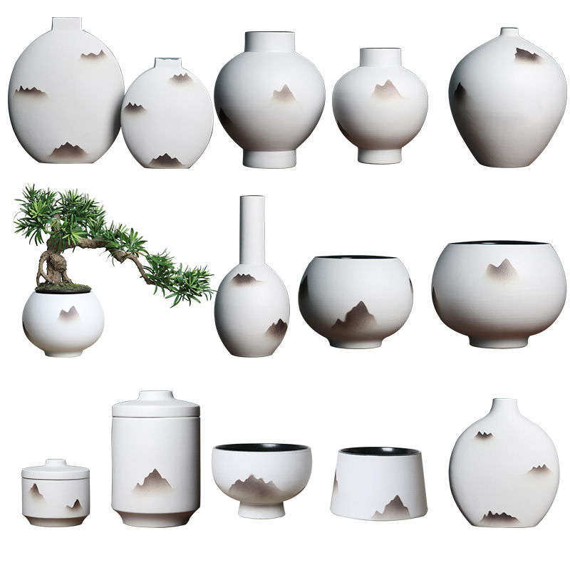 现代新中式水墨山峰陶瓷艺术花瓶摆件软装饰品样板房客厅家居茶几