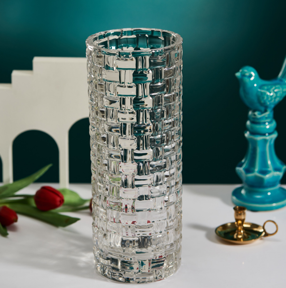 现代简约高级感法式复古玫瑰水晶插花艺术玻璃花瓶摆件客厅藤编