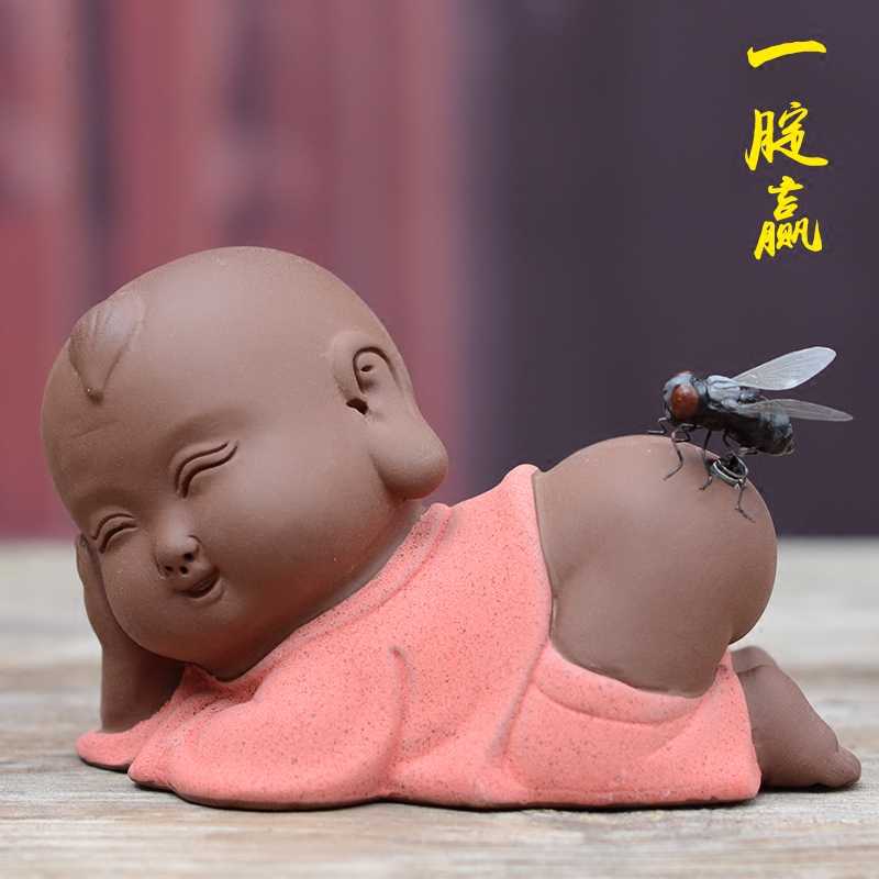 陶瓷紫砂可爱童趣小和尚家居桌面茶玩摆件苍蝇寓意一定赢车载装饰