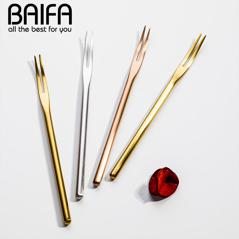 BAIFA 北欧304不锈钢二齿水果叉 创意家用水果签水果蛋糕叉子餐具